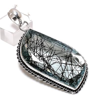 Natuurlijke Zwarte Rutiel Edelsteen Handgemaakte 925 Sterling Zilveren Hanger 2.36" h7V81