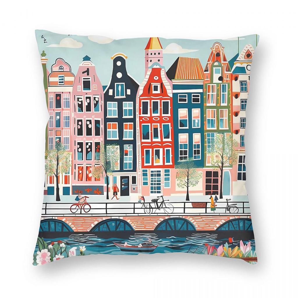 Amsterdam Canal Houses Buildings Square Pillowcase Polyester Linen Velvet Creative Zip Decorative Pillow Case Bed Cushion Cover