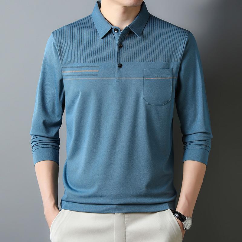 Men Long Sleeve Thin Turn Down Collar Striped Casual Pocket Polo Shirt For Middle Aged Men