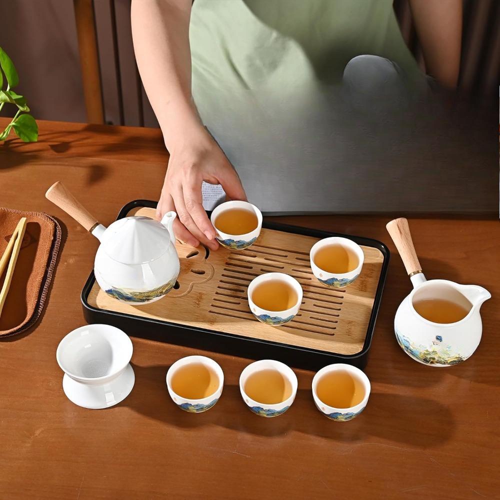 Chinese tea set, white jade tea set, Kung Fu tea set, Kung Fu tea set, 6 cups portable ceramic tea set large