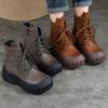 Johnature Genuine Leather Thick Soled Boots Retro Round Toe Lace Up Women's Platform Boots