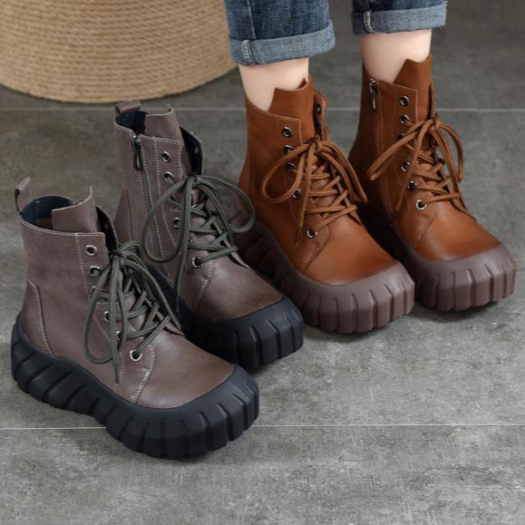Johnature Genuine Leather Thick Soled Boots Retro Round Toe Lace Up Women's Platform Boots