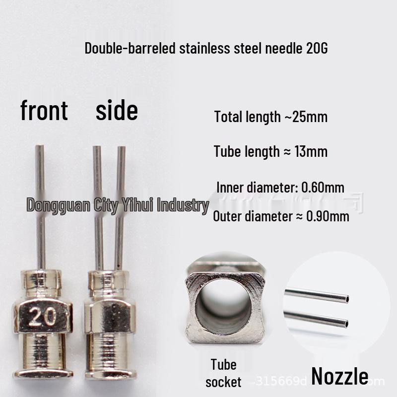 Doppelkammer-Dispensierventil-Spritzenkanüle aus Edelstahl, 25 mm Gesamtlänge, 13 mm Schlauch, Bajonettverschluss mit flachem Mundstück.