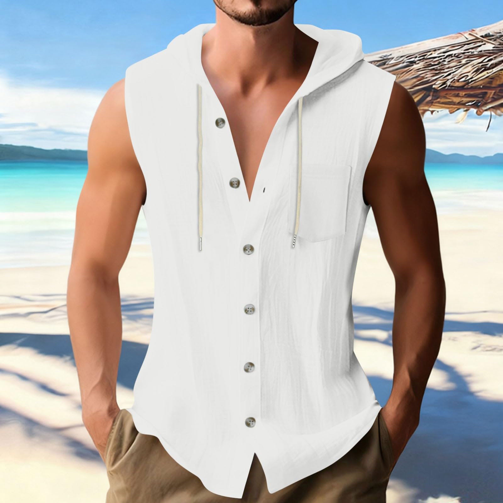 

Men s Casual Sleeveless Shirt Cotton Linen Hooded Fashionable Color Loose Vest Top XL білий