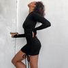 Plissee O-Ausschnitt langärmeliges schwarzes Kordelzug Frühling und Herbst sexy eng anliegendes Träger-Mini-Damenkleid