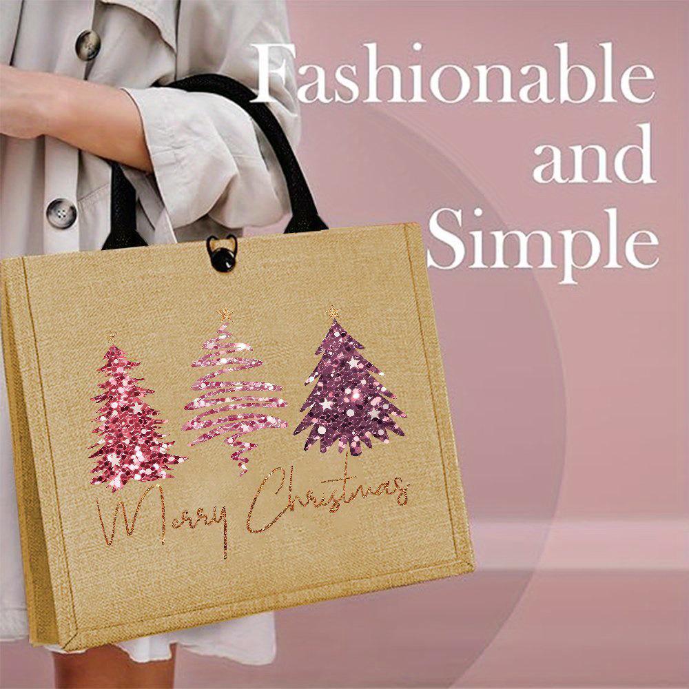 Pink Christmas Tree Burlap Tote Bag - Perfect for Outdoor Picnics, Parties, Travel, and Shopping