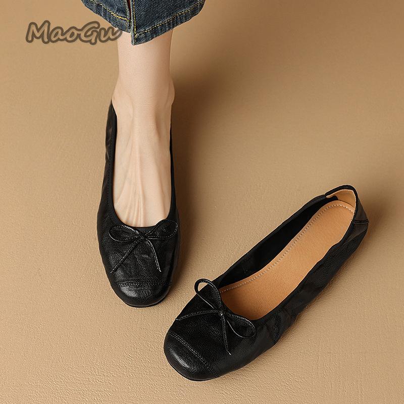 Fashion Soft Pu Leather Single Shoes for Women Shallow Bow Ballet Flats Round Toe Slip on Mid Heel Pumps Zapatos De Mujer Size 35-40