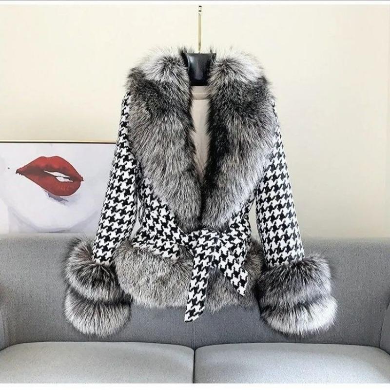 Fur Jacket Women's Short New Light Women's Short Thousand Bird Grid Fur Collar Silver Fox Fur Coat