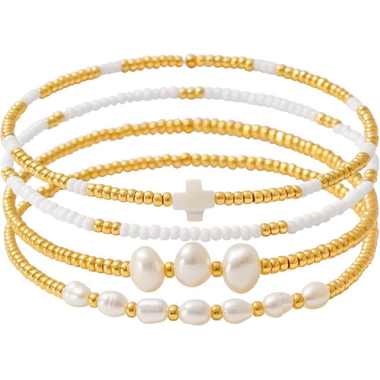 Dainty Gold Plated Pearl Crystal Beaded Bracelets Set for Women 14K Gold Plated Bead Pearl Beads Bracelet Stackable Paperclip Link Chain Bracelets