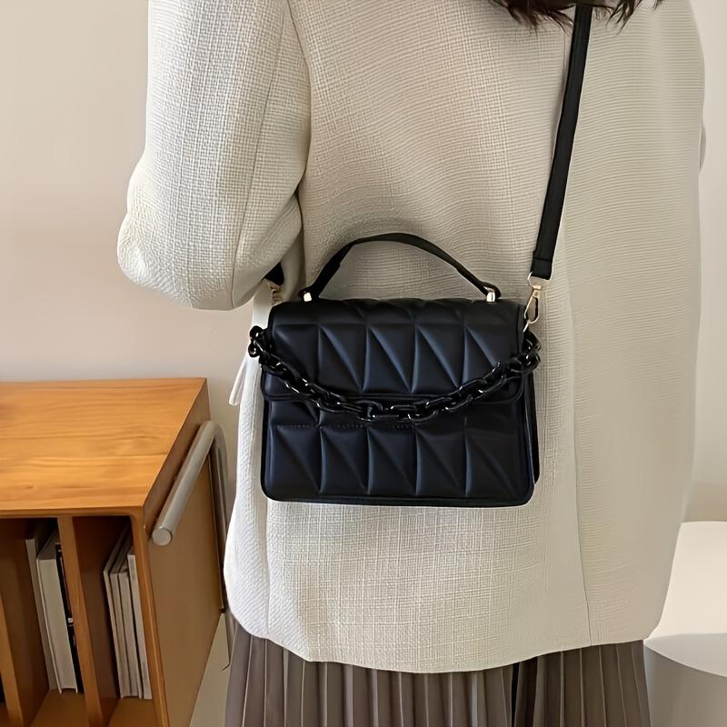 Elegant Quilted Crossbody Bag for Women, Shoulder Handbag with Adjustable Strap, Magnetic Closure, Lined, Painted Edge, Solid Black Messenger Bag
