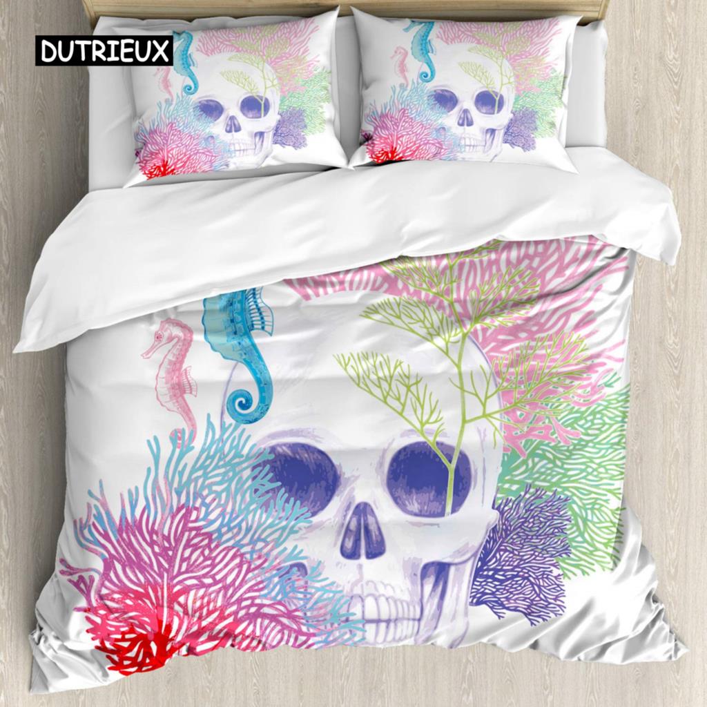 Sugar Skull Duvet Cover Illustration of Diamond and Roses Vintage Revival Design Polyester Bedding Set Double Queen King Size