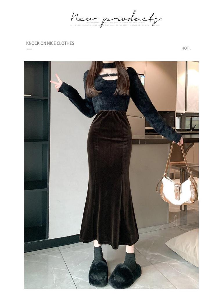 830 Composite Super Soft Black Gold Velvet High-Waist Fishtail Skirt - Women's Retro Slimming Mid-Length Hip-Hugging Skirt