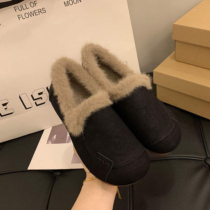 Winter new lamb wool velvet beanie shoes women's beef tendon soft sole soft surface one pedal warm women's snow cotton shoes