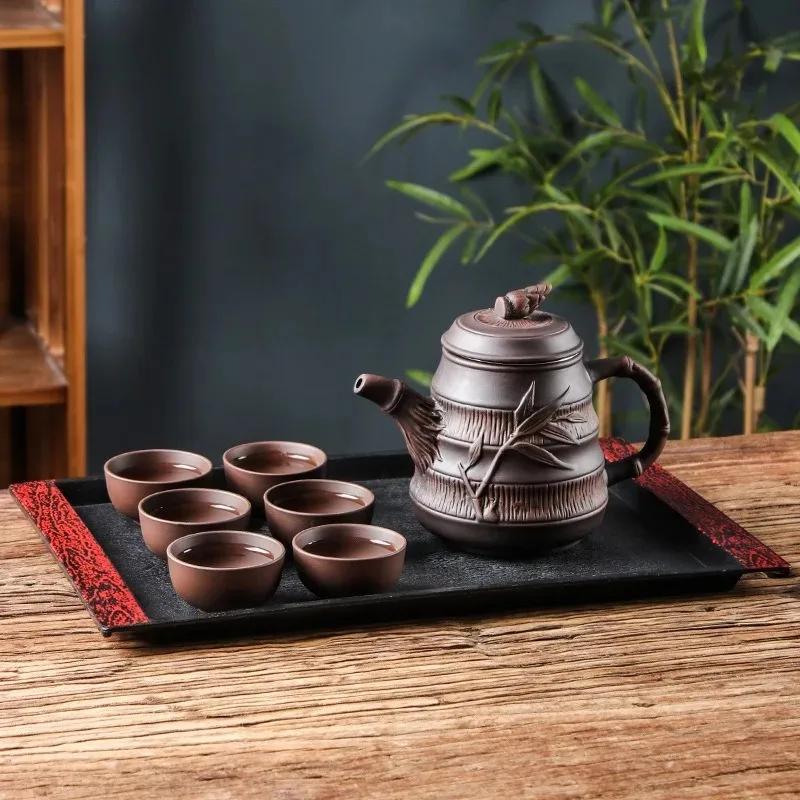 Tetera de arena púrpura Yixing, tetera de bambú de primavera de gran capacidad con filtro de acero inoxidable, tetera de barro rojo, juego de té grande de kung fu