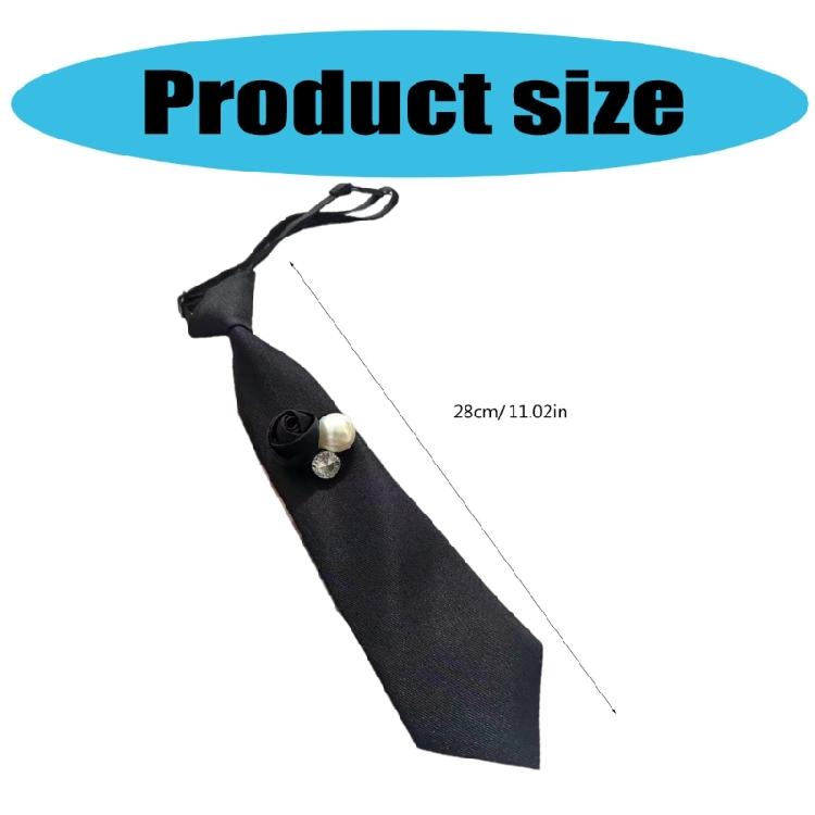 Elegant 3D Black Floral Necktie with Rhinestones Pearls Student Pre Tied Adjustable Ties Uniform School Shirt Necktie