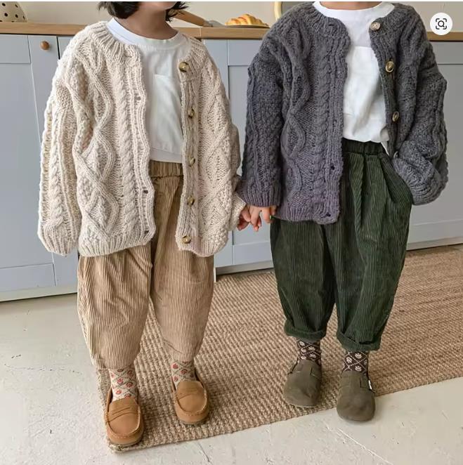 Jenter Strikket Genser Cardigan Mote Baby Grov Ull Hamp Retro Cardigan Gutter Jakke Barneklær