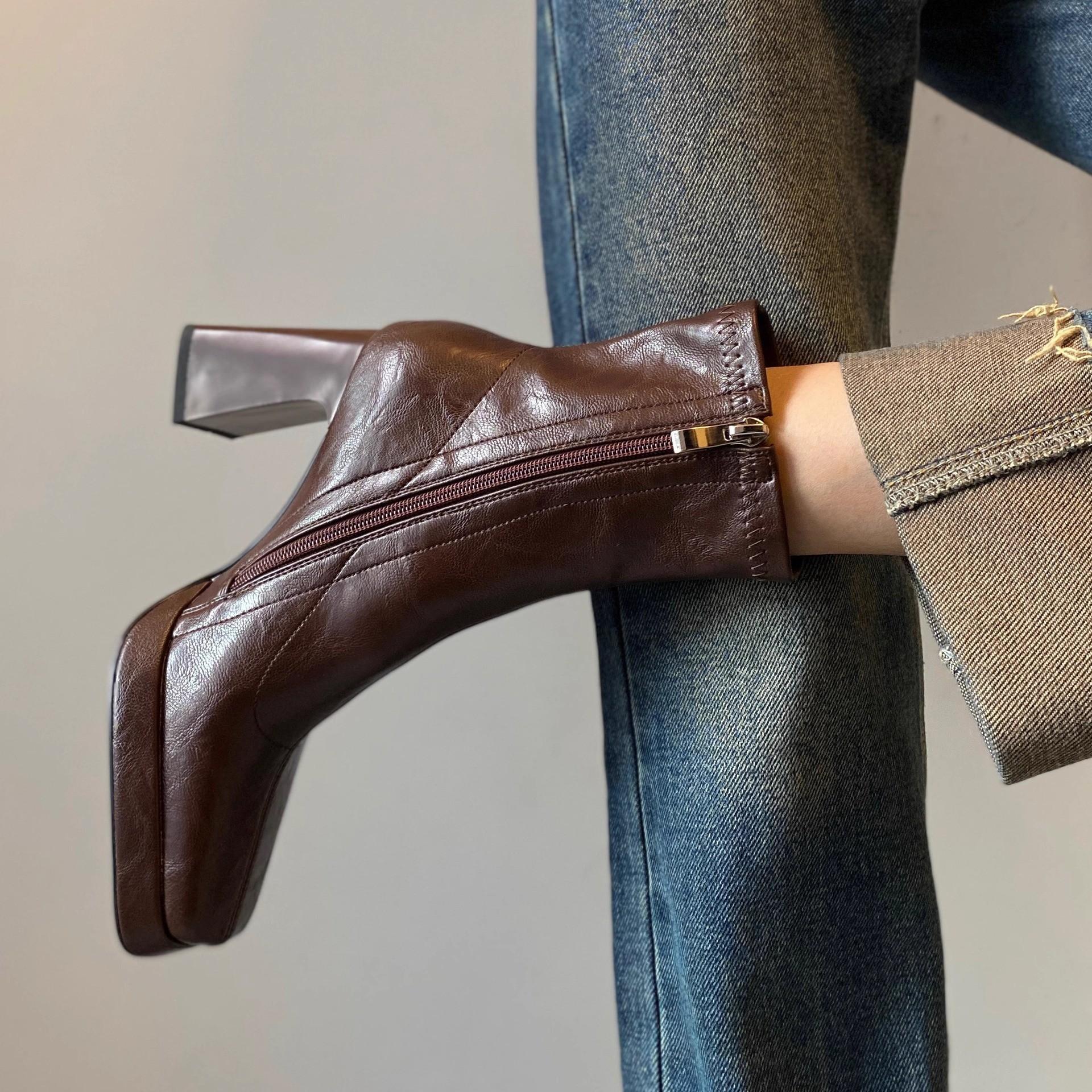 

Версия из коровьей кожи~ Французские кожаные полусапожки на высоком каблуке женские водонепроницаемые на платформе эластичные ботинки Мартин квадратный носок толстый каблук тонкие ботинки 40