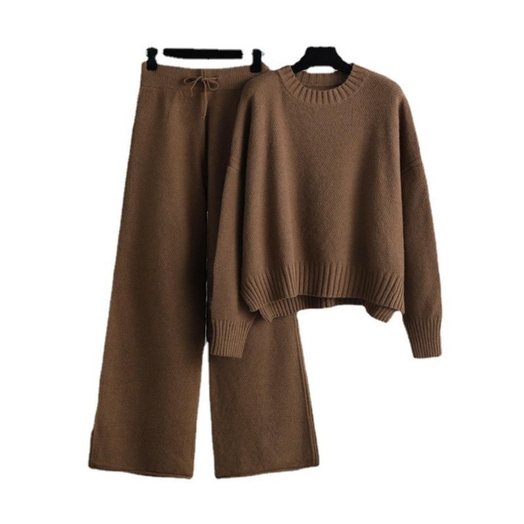 Autumn and Winter New Fashion Casual Knitted Set Pants Women's Edition Loose Sweater Wide Leg Pants Two Piece Set