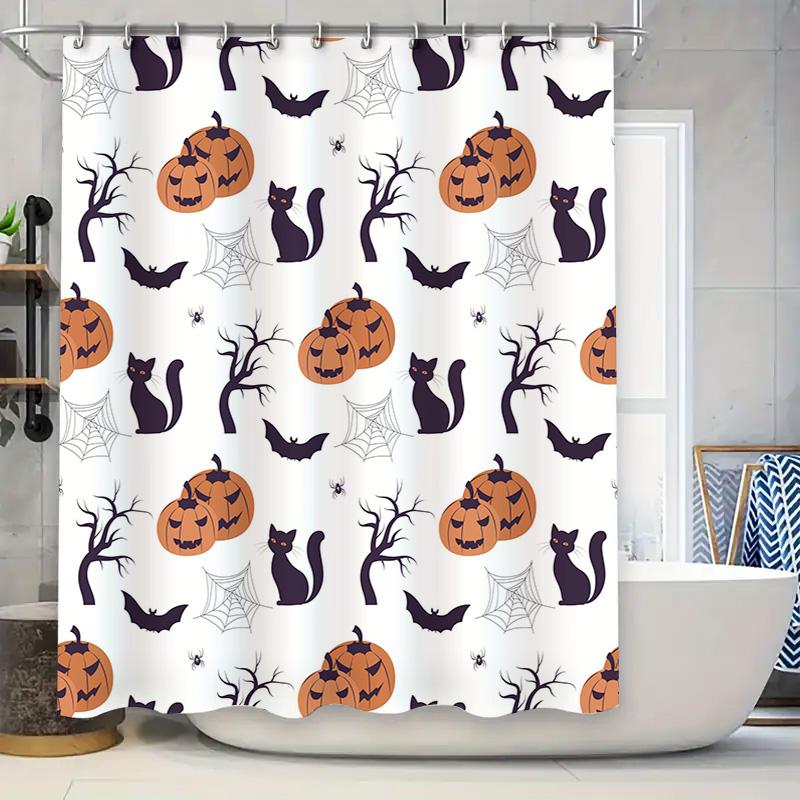 

Halloween Decor Shower Curtain Halloween Pumpkin Cats Black Spiders White Bath Mat Waterproof Bathroom Curtains Customizable W60H190(CM)-1 Pcs