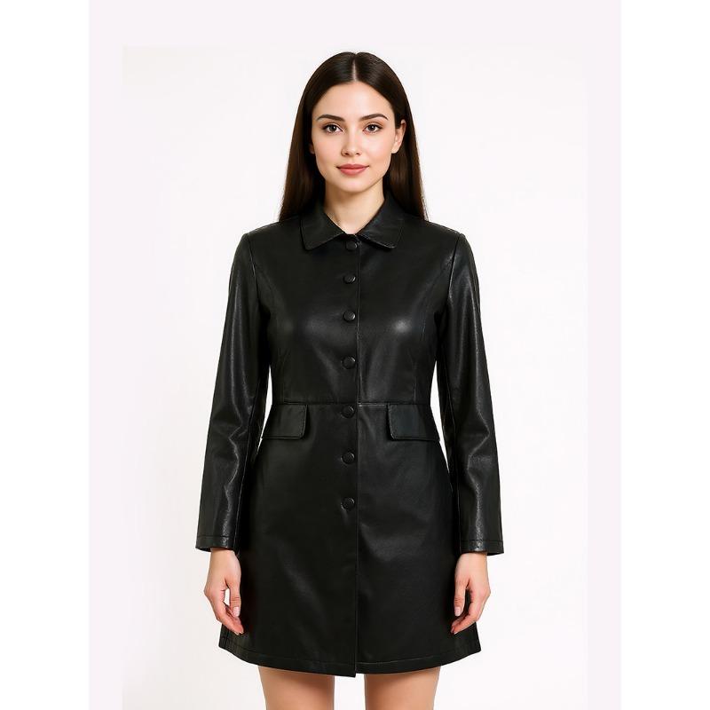 Autumn Winter Polo-neck Solid PU Leather Single Breasted Coat Women All-match Cardigan Jacket Top Outwear