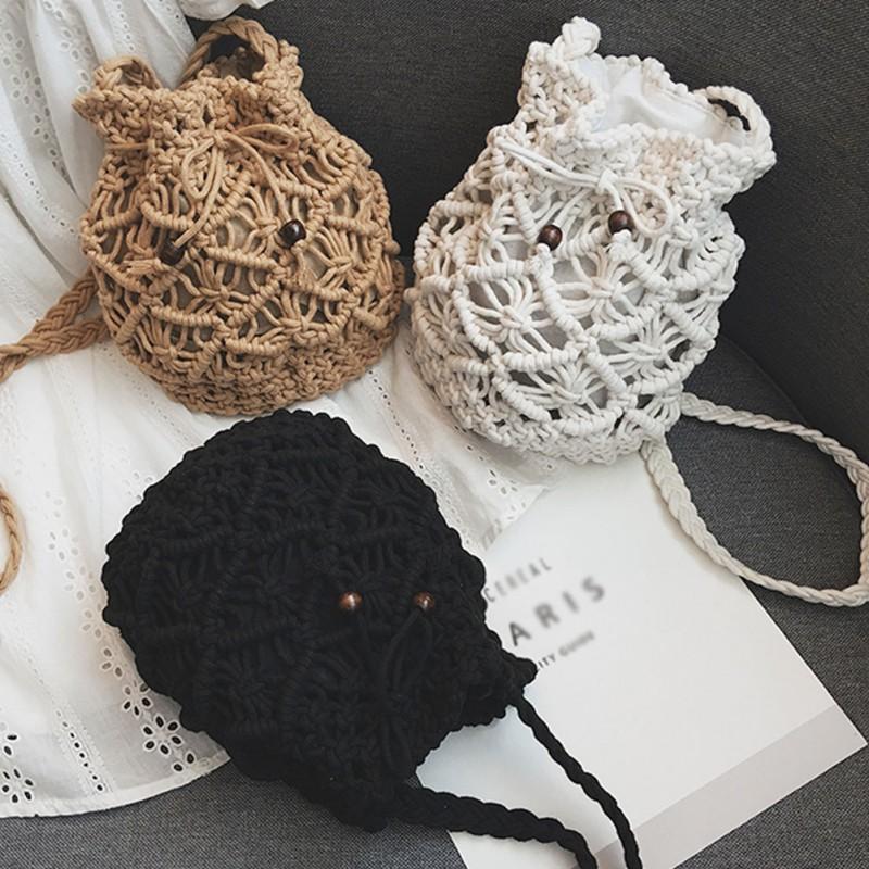 Yogodlns Cotton Rope Bucket Shoulder Bag For Women Handamade Woven Summer Beach Drawstring Crossbody Bag