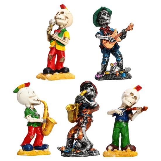 Rock Skeleton Figurine Skeleton Band Saxophonist Decoration Skeleton Guitarist Singer Statue Halloween Desktop Ornament for Mantel Shelf