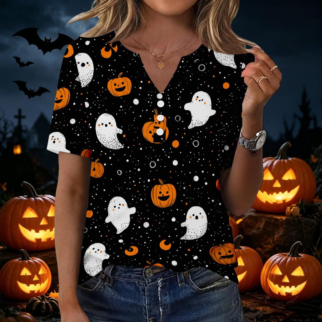 Women's Casual Halloween Print V Neck Short Sleeve Button Down T Shirt