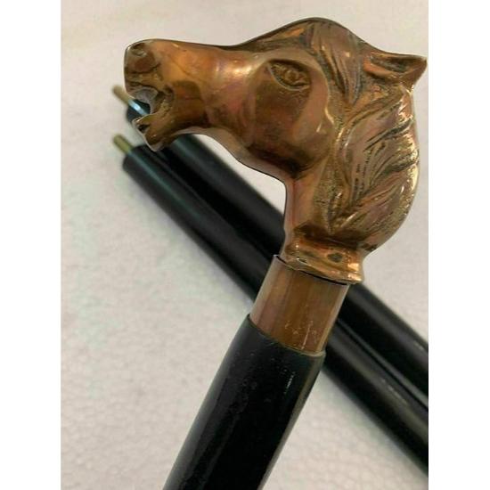 Antique Brass Horse Head Solid Handle Walking Stick Wooden Spiral Carved Cane
