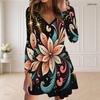 Women Plus Size V Neck Long Sleeve Black Floral Printed Curved Hem Dress