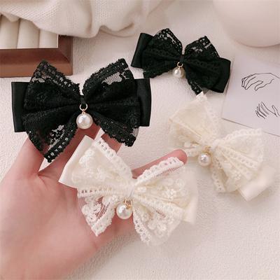 Hair Tie Ribbon Lace Bowknot Decor Imitation Pearl Pendant High Elastic Rubber Band Hair Rope Hair Accessories