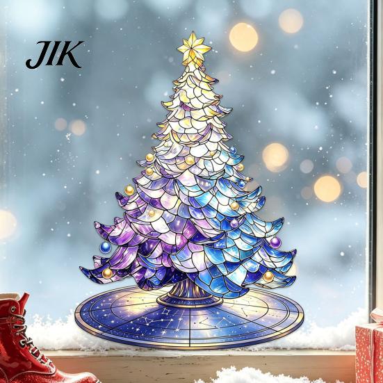 Removable Holiday Glass Decals Stained Style Christmas Tree Static Window Cling, Gradient Starry Sky Festive Party Supplies Xmas Sticker, Reusable PVC