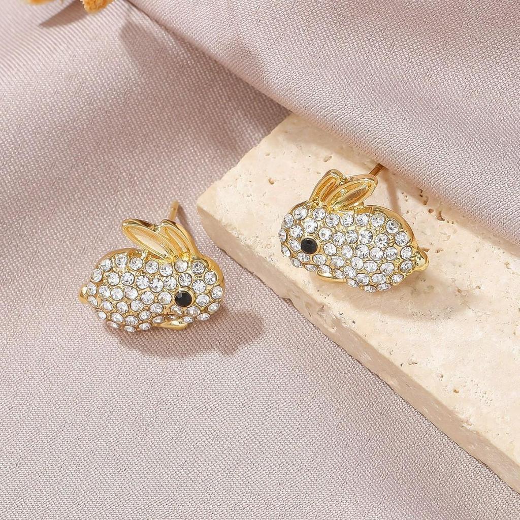 Elegant Zirconia Bunny Ear Studs - Eco-friendly Alloy, Rhinestone Design, Versatile Earrings