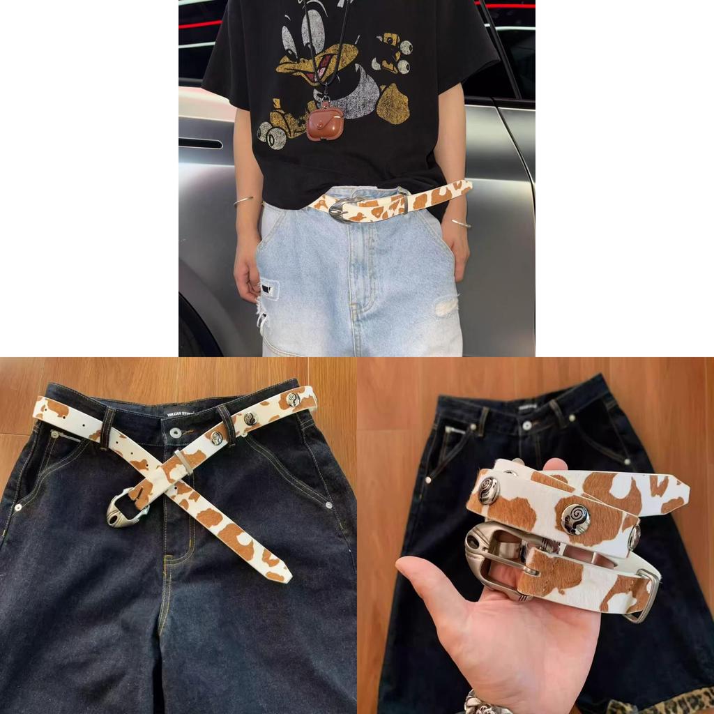 Pu Leather Cow Print Belt For Women With Metal Pin Buckle And Edgy Style