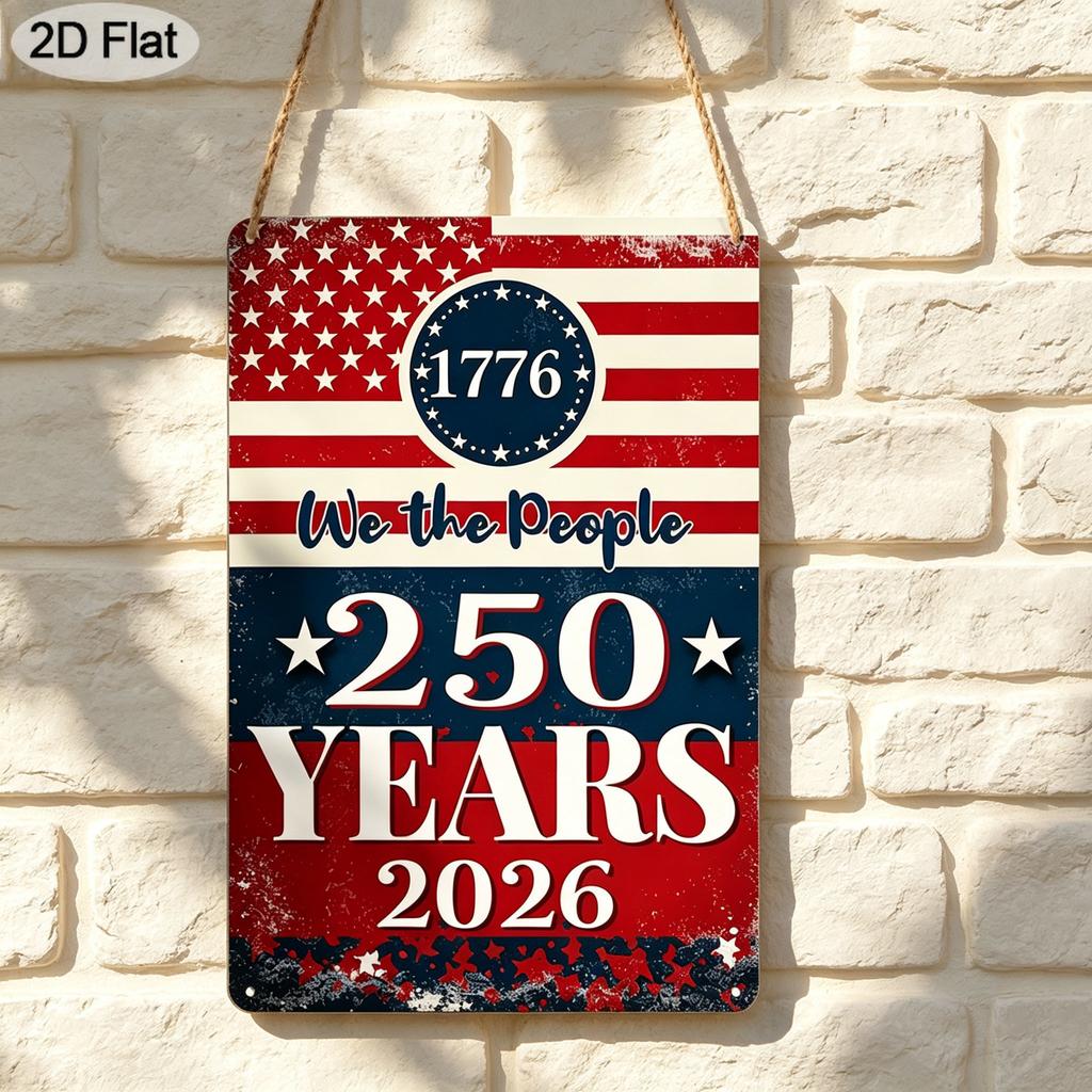 2D Flat Decorative 8x12 Inch Aluminum Plaque Metal Sign: We The People 1776-2026 250 Years Retro Patriotic Art with US Flag; Honors American