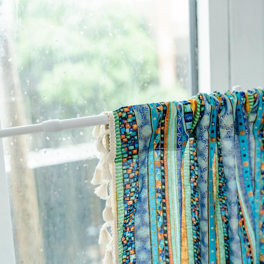 American Cotton And Linen Printed Curtains Finished Non-Punching Rural Kitchen Hanging Curtains Colored Fringed Coffee Short Curtains