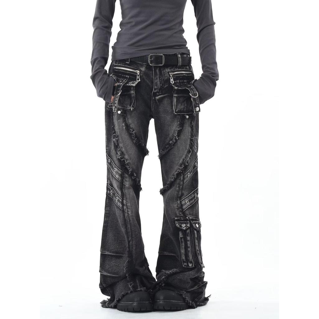 Women's Washed Micro-Flare Jeans with Frayed Edges and 3D Pockets