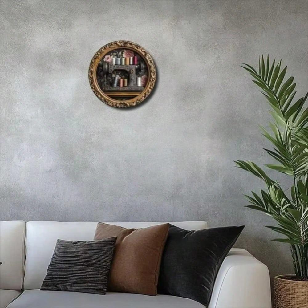 Sewing Machine Themed Round Metal Wall Art Home Decor Sign