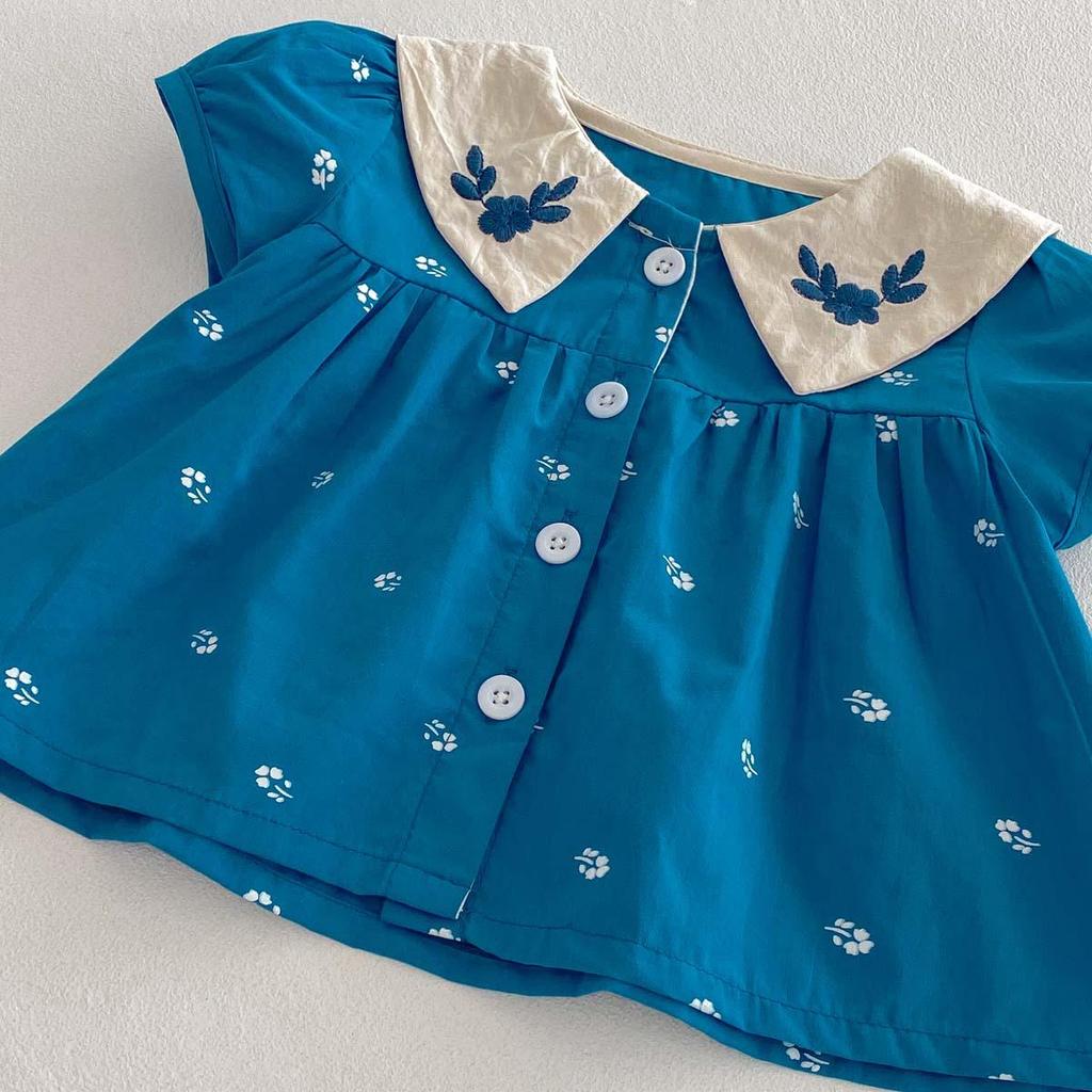 Summer Floral Embroidered Baby Girl Set with Peter Pan Collar and Bubble Sleeves
