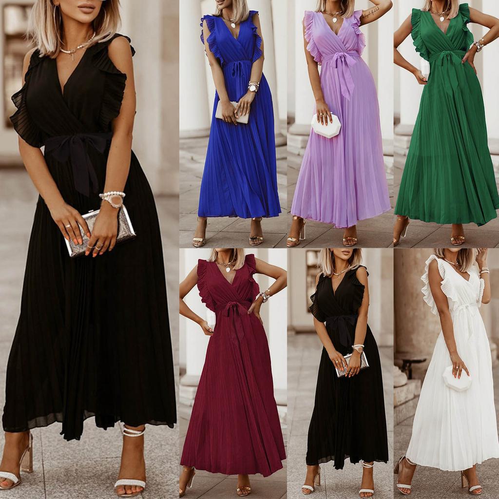 Women's Fashion Slim Sexy Ruffle Sleeve Chiffon Pleated Skirt Solid Color Dress