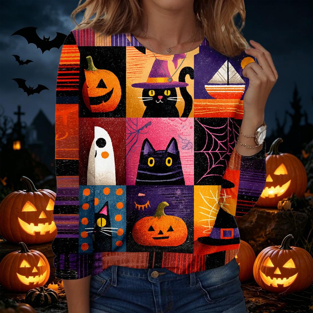 Women's Halloween Print Pullover Sweatshirt Long Sleeve Crewneck Top Casual Loose Fit Lightweight Pullover