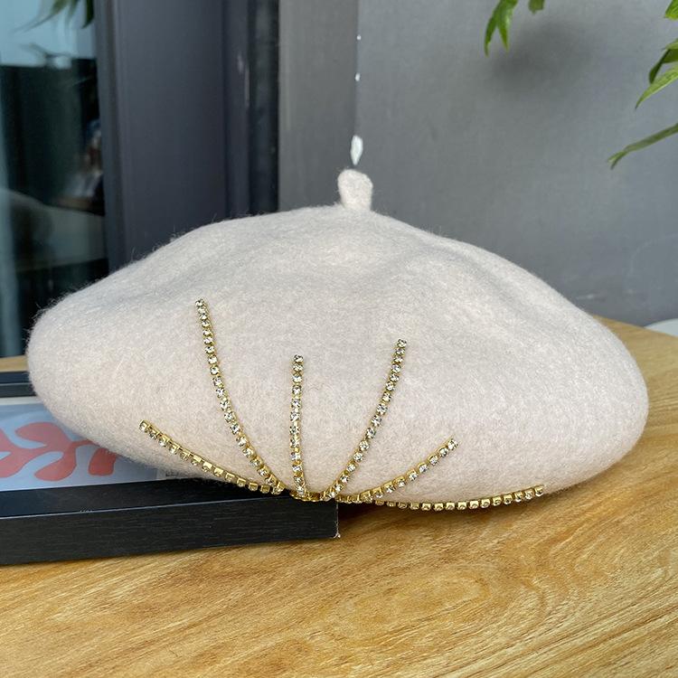 Winter French Black Fleece Painter Artist Cheapeau Red 100% Wool Chunky Blingbling Diamonds Beret Girls Hat for Women