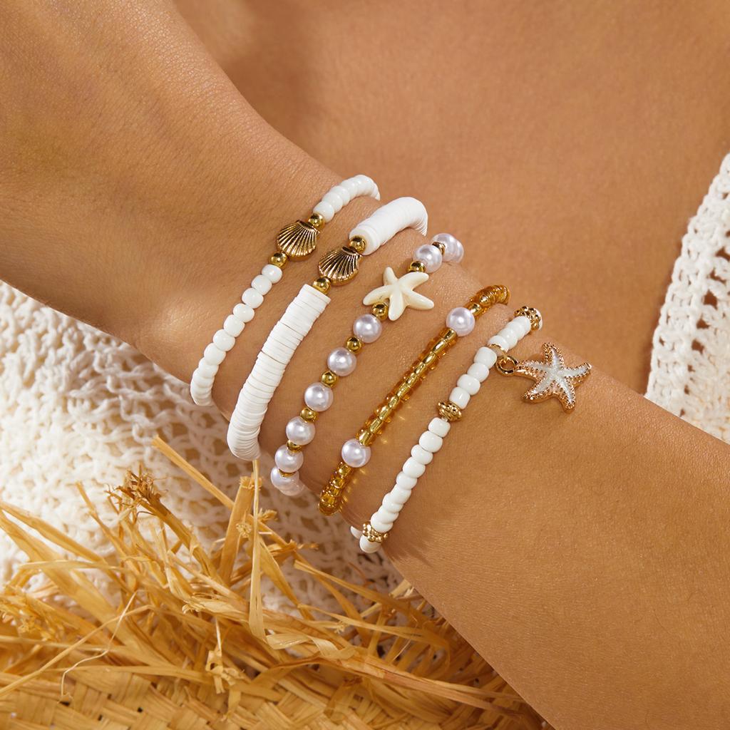 3/8 Pcs Bohemian Shell Starfish Bead Bracelet Set for Women Summer Beach Multilayer Stacked Pearl Bracelets Party Charm Jewelry