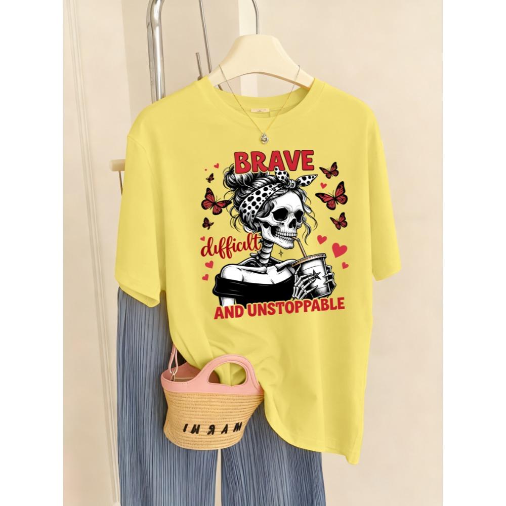Brave Difficult Drinks Imprimé Crânes Papillon T-shirt Femme Décontracté T-shirts Doux Respirant Été Streetwear Haut Y2K
