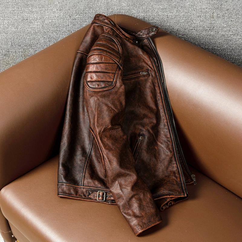 Genuine Leather Jacket Men Distressed Brown Vintage Stand Collar Biker Coat Large Size