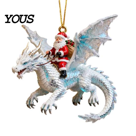 Christmas Tree Hanging Ornament Santa Claus Dragon Rider Ornament, 2D Acrylic Red Resin Pendant with Flying Decorations for Home Parties Decor Unique