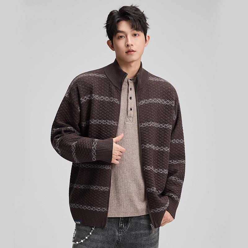 Retro Striped Men's Stand-Up Collar Knit Cardigan Sweater - Autumn Casual Loose Fit