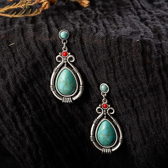 Valentinstagsgeschenk, oxidiertes Silber, schwarzes Metall, Messing und türkisfarbener Magnesitstein, hängende Traumfänger-Ohrringe für Frauen/Mädchen (blau)