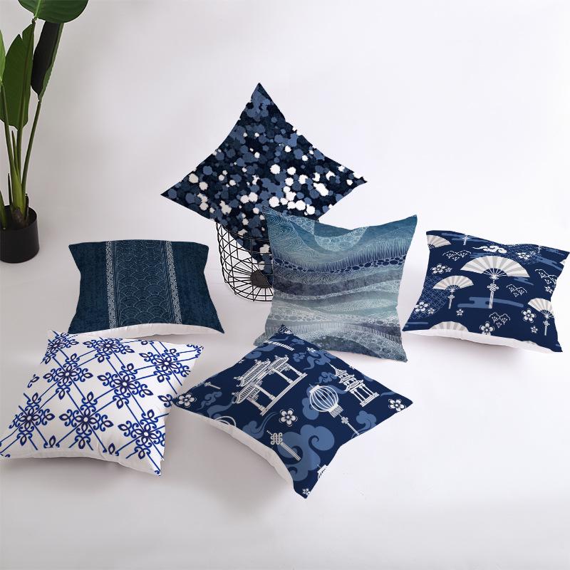 Peach Skin Pillowcase Blue and White Porcelain Geometric Print Abstract Sofa Cushion Cover Office Waist Pillow Cover