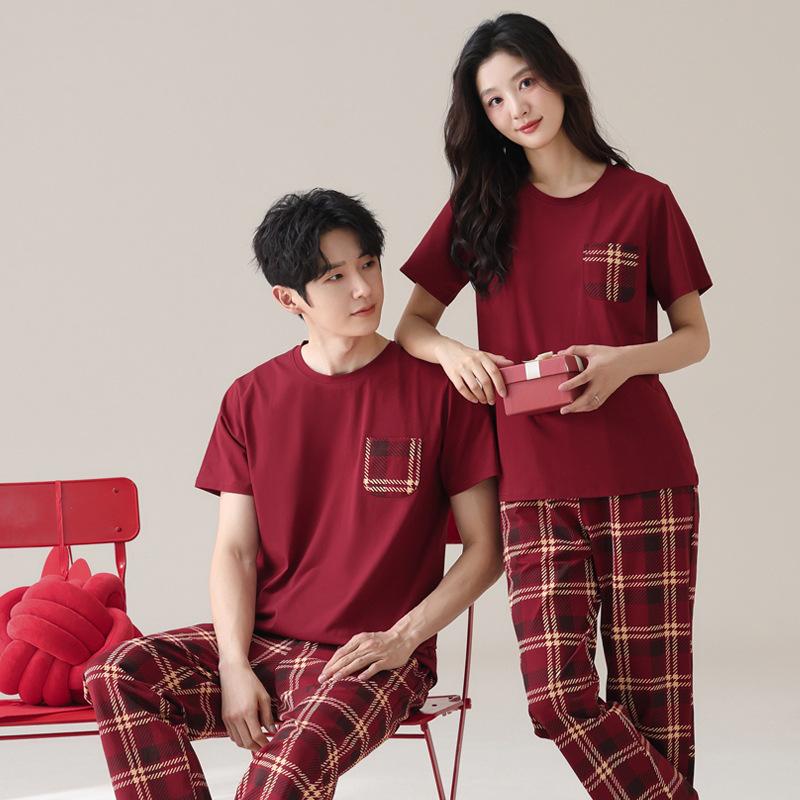 Lycra Cotton Pajamas Couples Summer Short Sleeves Thin Fashion Plaid Red Wedding Loungewear Suit Outside