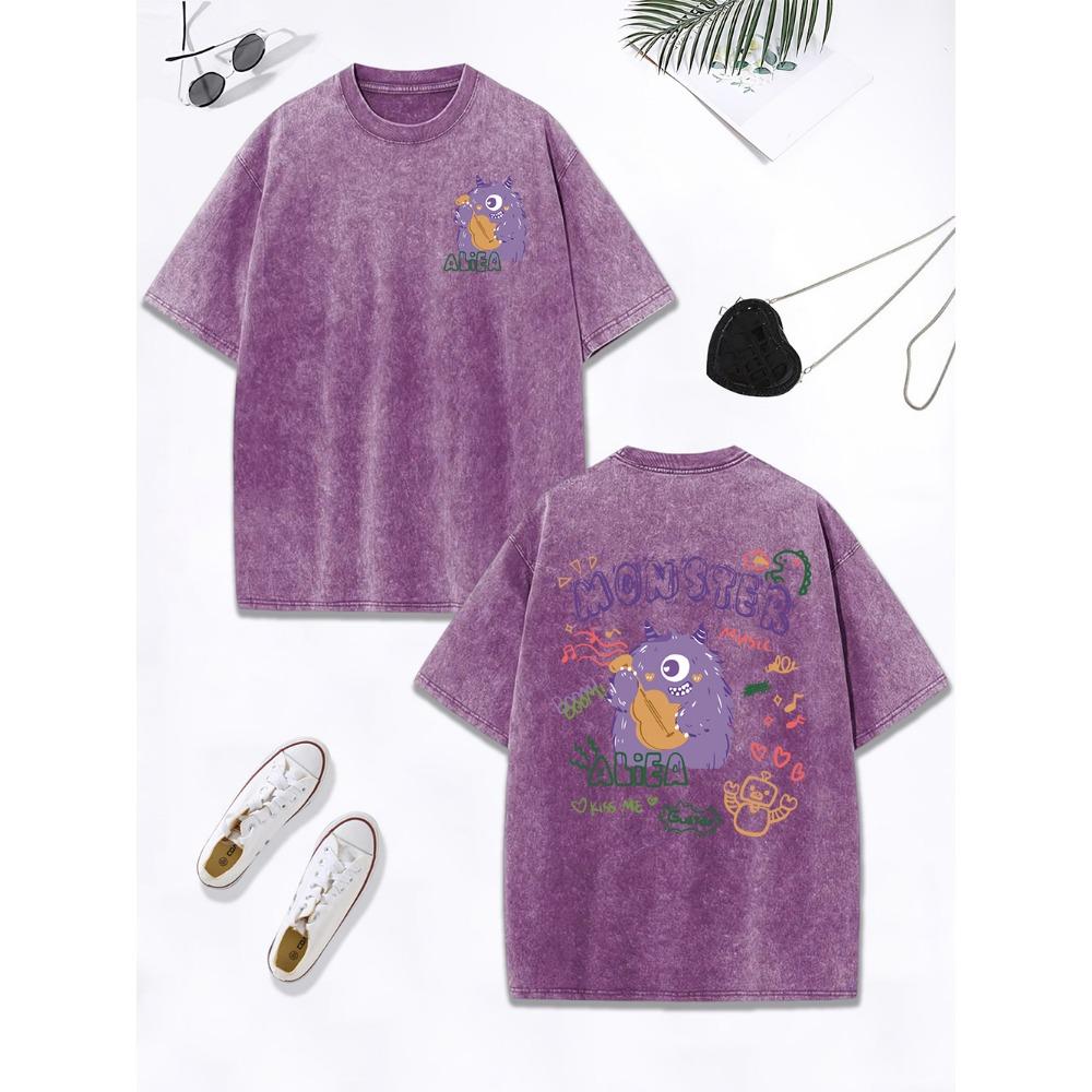 Purple Plush One-Eyed Monster Prints Washed T-Shirts Women Cotton Oversized Tops Comfortable T Shirt Summer Woman Clothes